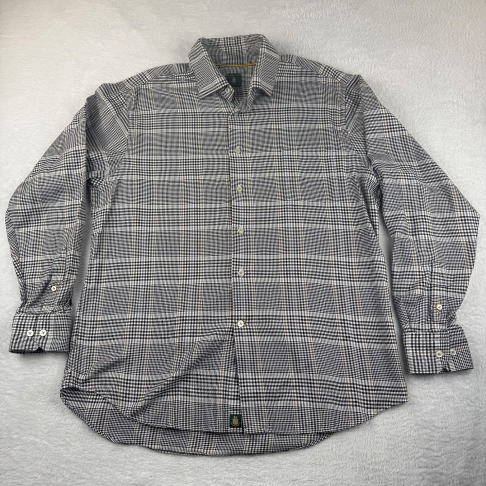 Robert Talbott Button Down Mens L Black White Tan Glen Plaid Cotton Long Sleeve